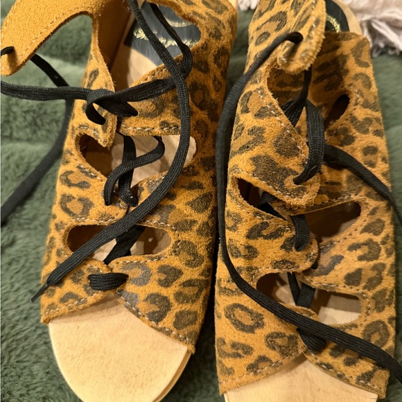 No. 6, Leopard Print Lace Up Women's Wooden Sandals, Size 38/7.5 - Picture 5 of 12